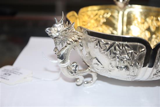 A late 19th/early 20th century Chinese Export white metal tri-handled bowl, by Hung Chong?, 9.5 oz.